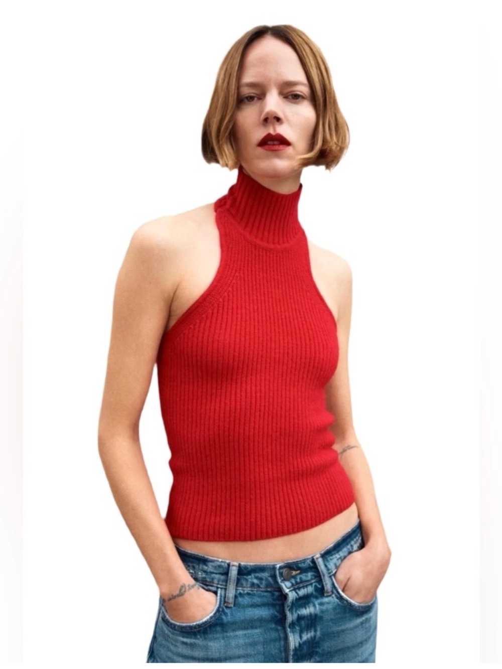Zara Red Ribbed Knit Sleeveless Top
